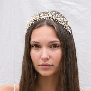Wired Pearl Wedding Tiara, Pearl Gold Wedding Headband Boho Bridal Headpiece