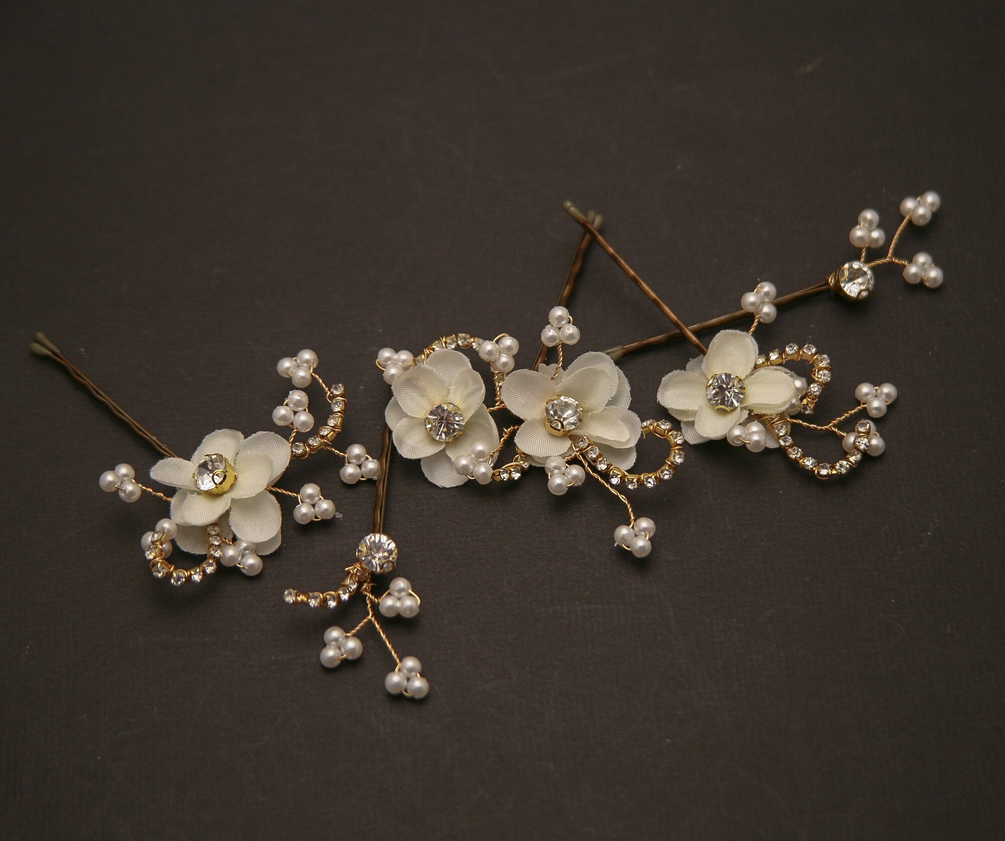 Ivory Flower Wedding Hair Pins: Pearl Rhinestone Gold Floral 