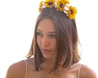 Corona de flores de girasol en amarillo y blanco, diadema del Día de los Muertos, accesorio para el cabello de Halloween, disfraz de Corona de Flores, México, Frida Kahlo