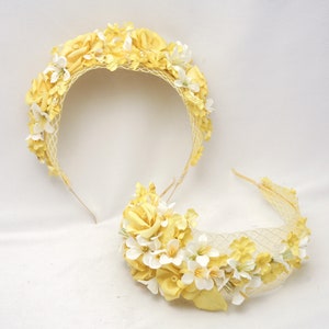 Mustard Yellow and Ivory Flower Crown with Vintage Flowers and Netting Wedding Bridal Headband Spring boho Wedding image 2