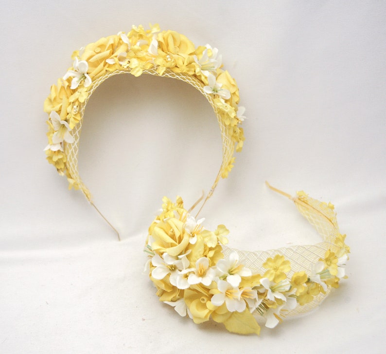 Mustard Yellow and Ivory Flower Crown with Vintage Flowers and Netting Wedding Bridal Headband Spring boho Wedding image 2