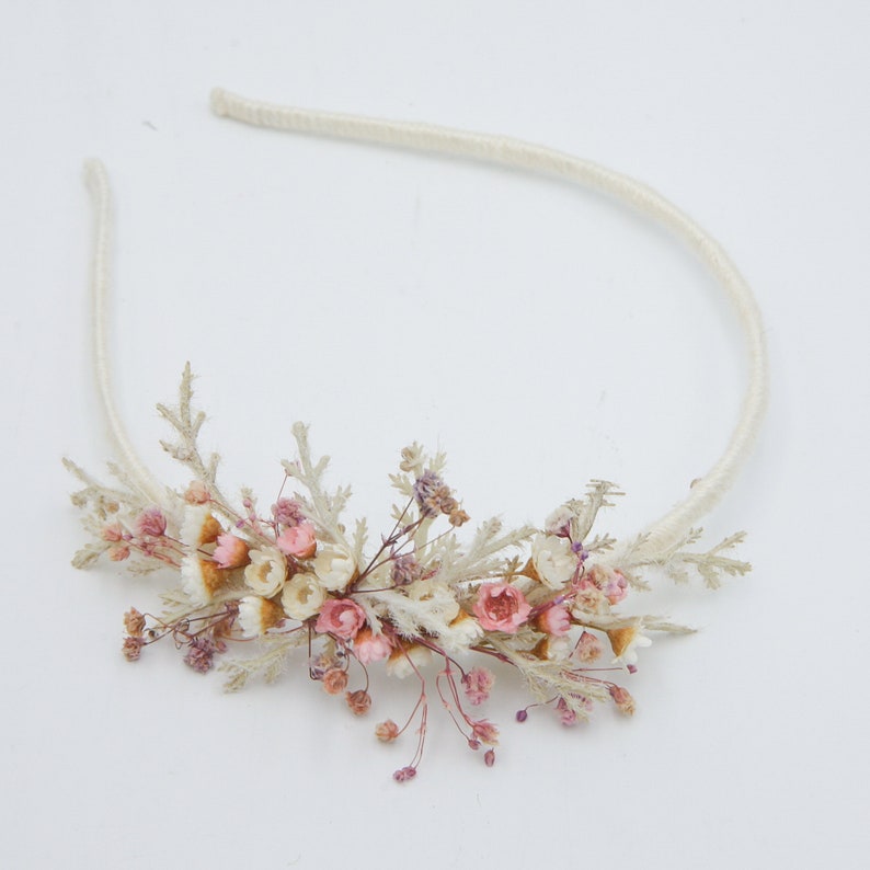 Dried Flower Headband in Pink and Ivory, with Babies Breath, Flower Girl Wedding Headpiece image 4