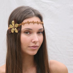 Hippie Bohemian Tie Headband of Camel Suede Trim, brown Leaves and a large metal daisy, Boho Festival Fashion image 3