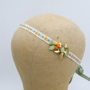 Boho Tie Headband: Brass Flowers, Peach, Sage Green Ribbons