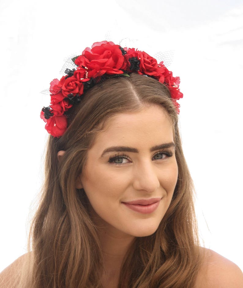 Day Of the Dead Headband Red Roses and Black netting Halloween Hair Accessory Corona de Flores Costume Mexico Mexican Flower Crown