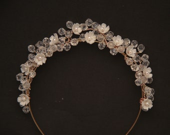 Crystal and Clay Flower Headband with Rose Gold Wire, Flower Crown Wedding Headpiece, Beaded Tiara