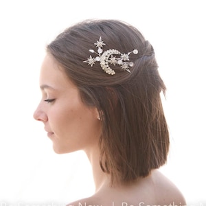Vintage Rhinestone Moon Wedding Hair Comb: Celestial Star Bridal Headpiece
