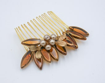 Copper and Gold Crystal Hair Comb with Leaves and Beads, Bridesmaids Hair Accessory