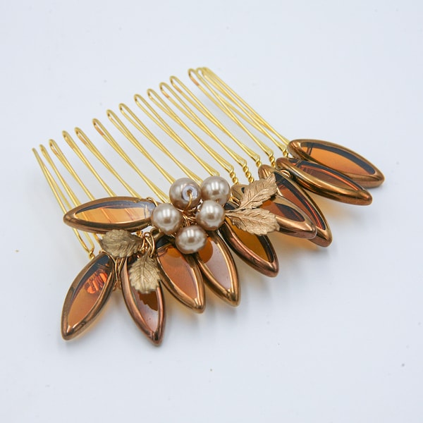 Copper and Gold Crystal Hair Comb with Leaves and Beads, Bridesmaids Hair Accessory