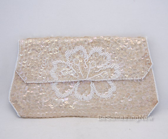 SALE Vintage Sequin Beaded Wedding Clutch in Cham… - image 1