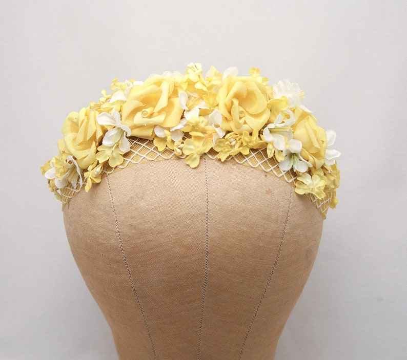 Mustard Yellow and Ivory Flower Crown with Vintage Flowers and Netting Wedding Bridal Headband Spring boho Wedding image 6