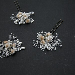 Dried Babies Breath and Champagne Flower Wedding Hair Pins Set with Pearls image 7