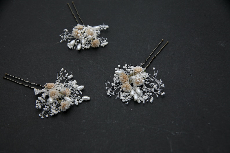 Dried Babies Breath and Champagne Flower Wedding Hair Pins Set with Pearls image 7