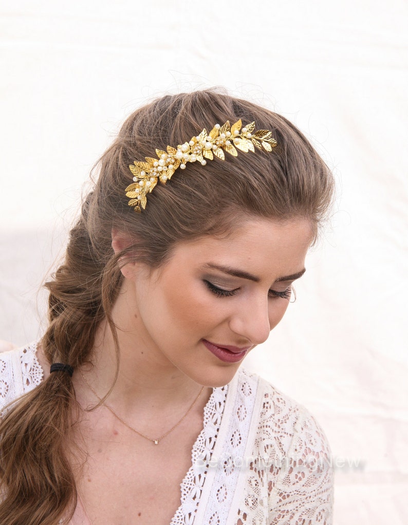 Wedding Decorative Comb Gold Leaf and Pearl Bridal Hair Comb, Grecian Leaf Wedding Hair Comb Brass Bridesmaids Hair Decoration, Laurel Leaf