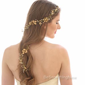 Long Gold Wedding Hair Vine of Wired Pearls and Metal Flowers and Leaves, Bridal Headpiece Gold Hair Wrap, Hair Jewelry Metal Flower Tiara image 4