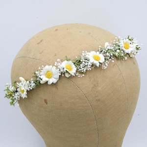 Small Daisy Flower Crown with Babies Breath and Greenery, Boho Wedding Headpiece