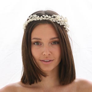 Vintage Beaded Crown with Ivory Flowers, Pearl Wedding Tiara