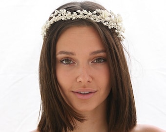 Vintage pärlkrona med elfenbensfärgade blommor, pärlbröllopstiara