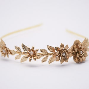 Brassy Gold Metal Leaf and Flower Headband, Grecian Wedding Headpiece