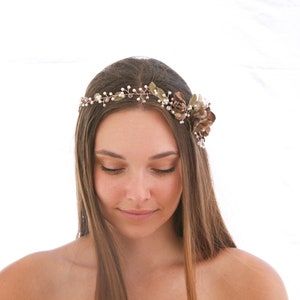 Rose Gold Floral Hair Vine of Wired Flowers and pearls Beaded Wedding Headpiece Woodland Wedding Hair Halo Flower Crown Boho Bridal Wreath image 9