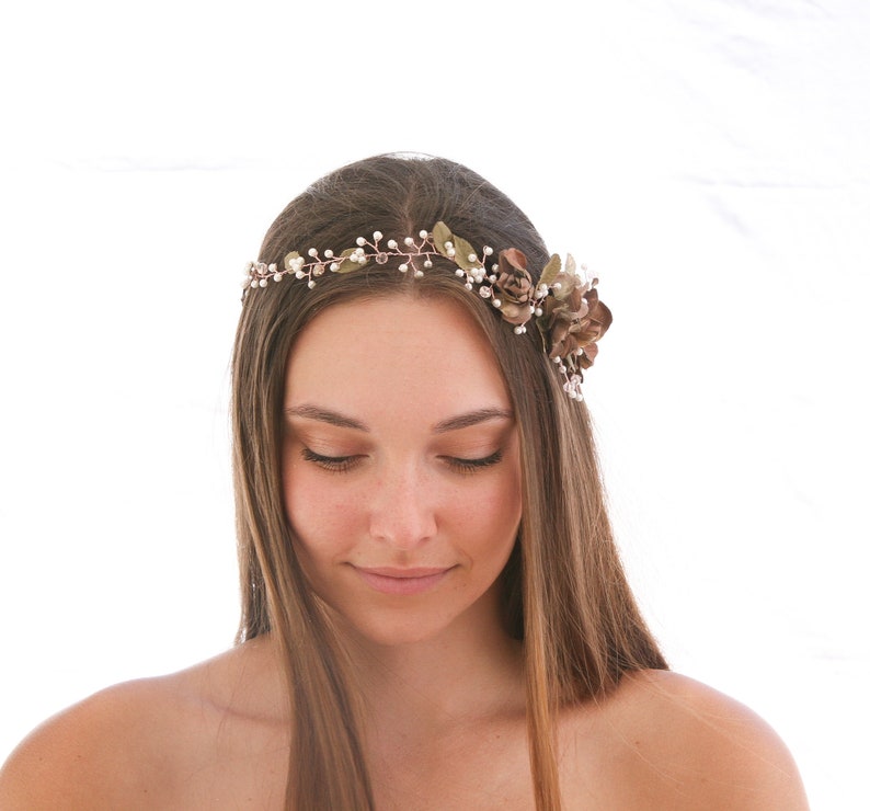 Rose Gold Floral Hair Vine of Wired Flowers and pearls Beaded Wedding Headpiece Woodland Wedding Hair Halo Flower Crown Boho Bridal Wreath image 9