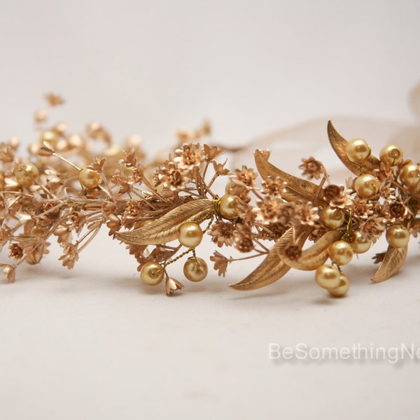 Rustic Gold Bohemian Wedding Wreath  bridal crown Headpiece of Golden Babies Breath and Metal Leaves Gold Flower Crown Headband Boho Wedding