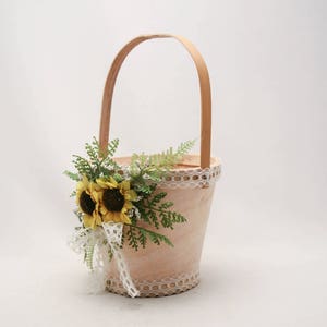 Flower Girl Basket with Sunflowers, Fern and Vintage Lace, Floral Basket for a Flower Girl Rustic Wedding Accessories, Easter Baskets image 7