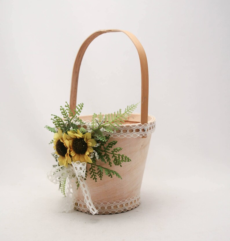 Flower Girl Basket with Sunflowers, Fern and Vintage Lace, Floral Basket for a Flower Girl Rustic Wedding Accessories, Easter Baskets image 7