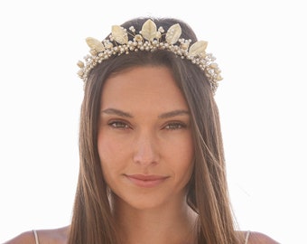 Ivory Wedding Crown made with Antique Wax Flowers and Leaves Beaded Bridal Headpiece Vintage Tiara Romantic Headband