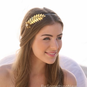 Grecian Gold Metal Leaf and Flower Headband with Rhinestones Gold Wedding Headpiece, Metal Headband for Adults, Leaf Hair Accessory image 3