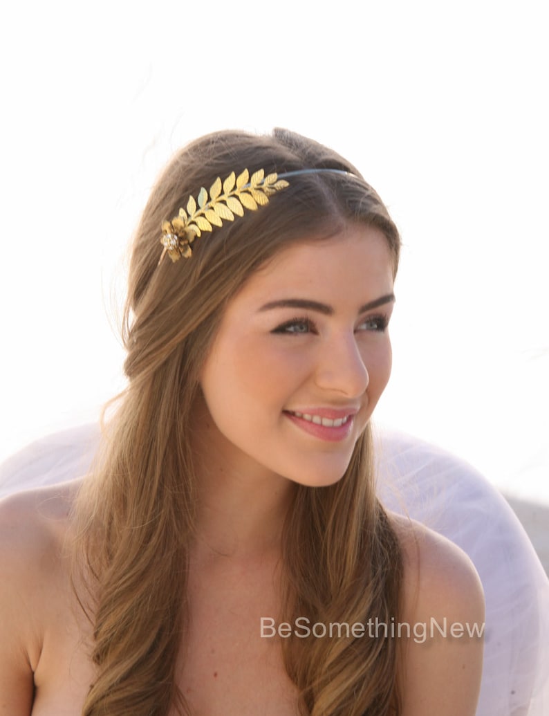 Grecian Gold Metal Leaf and Flower Headband with Rhinestones Gold Wedding Headpiece, Metal Headband for Adults, Leaf Hair Accessory image 3