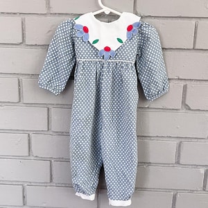Vintage Baby Mädchen Strampler in Blau und Weiß, Vintage Kleinkind Kleidung
