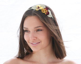 Flower Headband with Vintage Velvet Pansies and Leaves, Floral Headpiece, Bridesmaid or Flower Girl Headbands