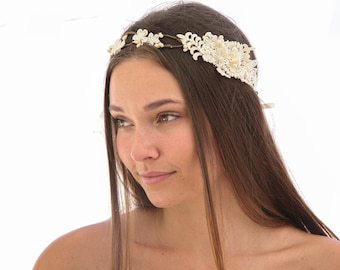 Ivory or White Lace Flower Crown Boho Wedding Headpiece Bridal Hair Wreath, First Communion or Flower Girl Halo
