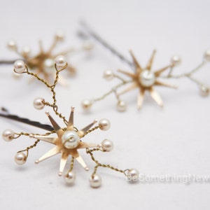 Wedding Hair Pins Star Flower and Champagne Pearl Celestial Bridal Hair Pin Set, Brass Flower Bobbie Pins Hair Jewelry Beaded Headpiece image 5