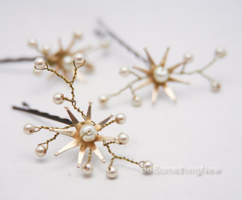 Wedding Hair Pins Star Flower and Champagne Pearl Celestial Bridal Hair Pin Set, Brass Flower Bobbie Pins Hair Jewelry Beaded Headpiece image 5