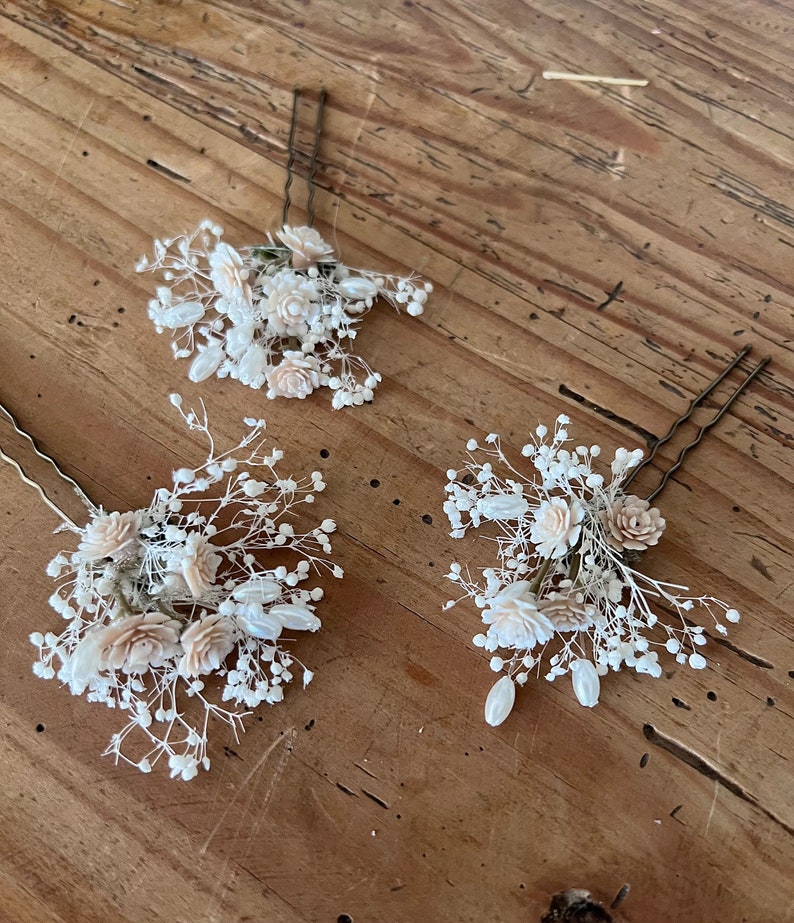 Dried Babies Breath and Champagne Flower Wedding Hair Pins Set with Pearls image 3