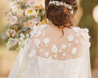Floral Wedding Cape: Ivory Flower &amp; Pearl Cathedral Veil Alternative
