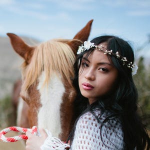Bohemian Wedding Hair Wreath: Ivory Flower Crown with Ribbon Ties