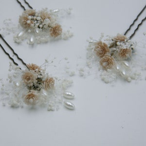 Dried Babies Breath and Champagne Flower Wedding Hair Pins Set with Pearls image 6