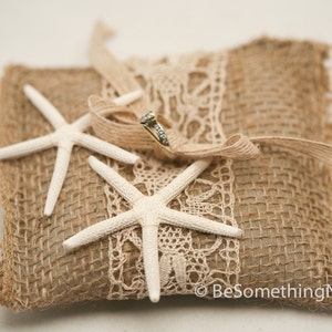 Starfish Ring Bearer Wedding Pillow, Rustic Burlap Vintage Lace Ring Bearer Pillow with Starfish, Beach Weddings Wedding Party Ring Bearer image 3