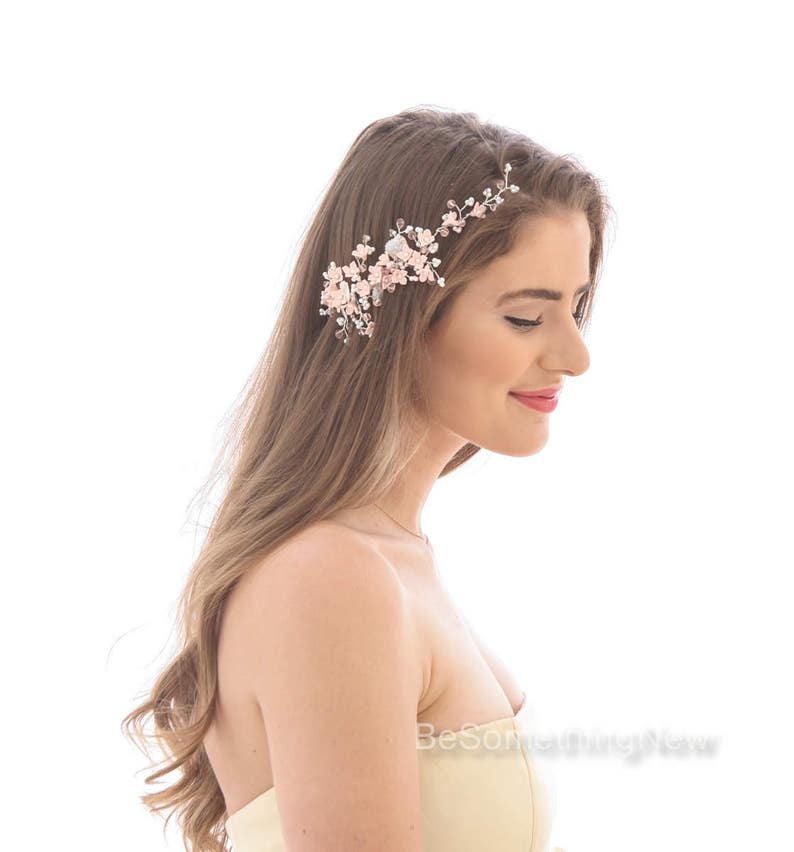 Wedding Beaded Hair Vine of Pink Handmade Flowers Tiny Pearls Etsy