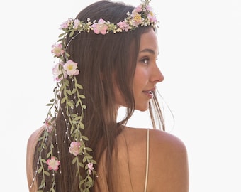 Blush Pink and Green Flower Crown with Pearls and Long Vines Down the Back, Wedding Headpiece