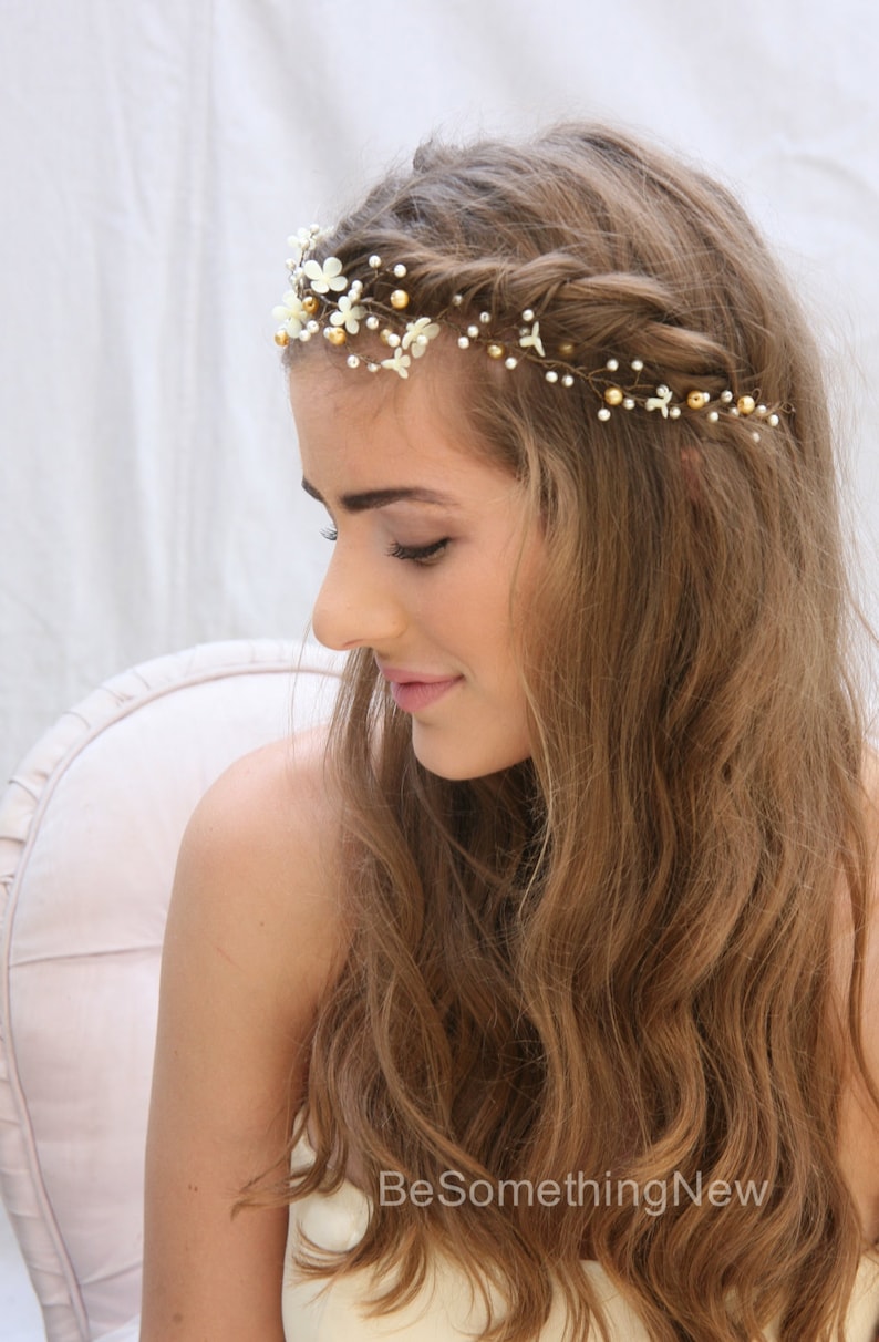 Rustic Floral Hair Vine of Ivory Daisies and Pearls, boho Daisy Flower Crown Wedding Headpeice image 4