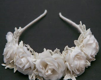 Ivory Large Flower Crown: Vintage Lace Floral Wedding Headband