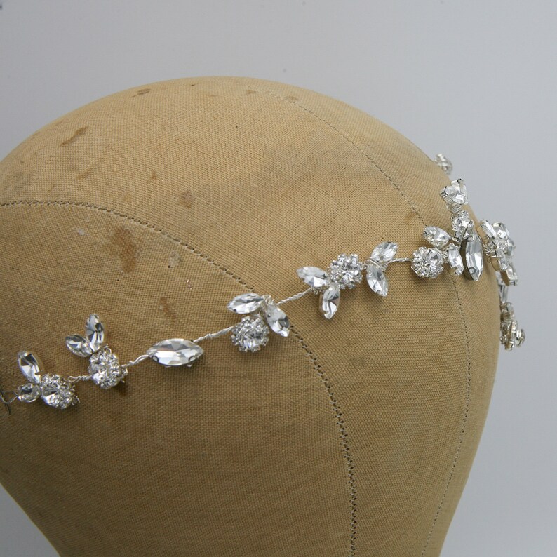 Rhinestone Wired Hair Vine, Wedding Headpiece of Rhinestone Flowers and Leaves 画像 5