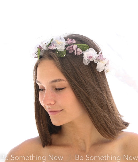 Vintage Flower Crown In Lavender and White with G… - image 8