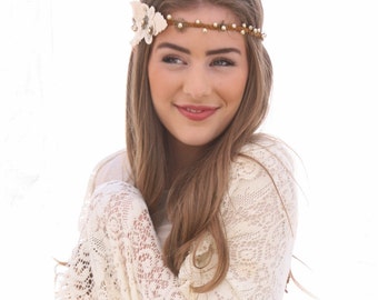 Hippie Bohemian Tie Headband of Ivory Suede Leaves and Metal Flowers, Music Festival Headband For Women and Teens, Boho Festival Fashion