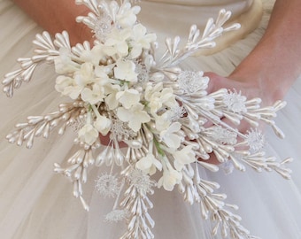 Vintage Wax Flower Bridal Bouquet: Ivory Pearl Pip Buds & Glass Flowers