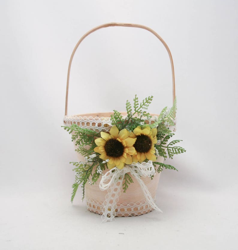 Flower Girl Basket with Sunflowers, Fern and Vintage Lace, Floral Basket for a Flower Girl Rustic Wedding Accessories, Easter Baskets image 2